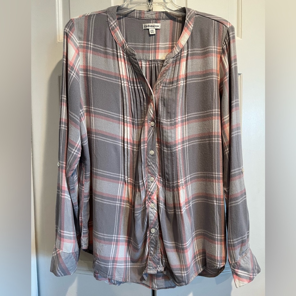 Gray & Pink Plaid, Button Front Shirt, Pleats on Front,  Sleeves Roll & Secure